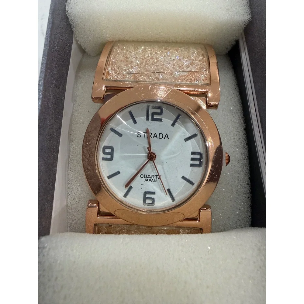 Strada Womens Rose Gold Tone Quartz Watch White Dial Crystal Accents Cuff Band